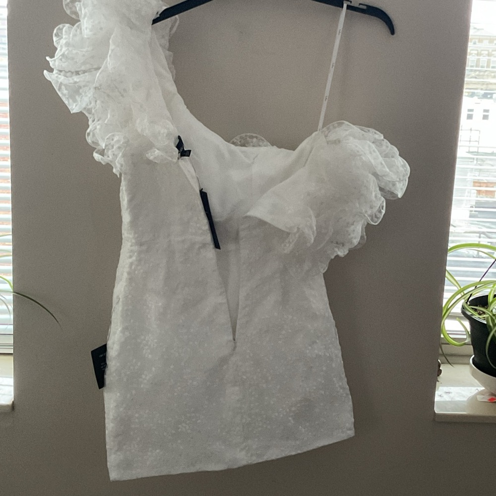 Lulus Angelic Trend White Embroidered Ruffled One Shoulder Mini Dress Sm Wedding - Picture 6 of 13